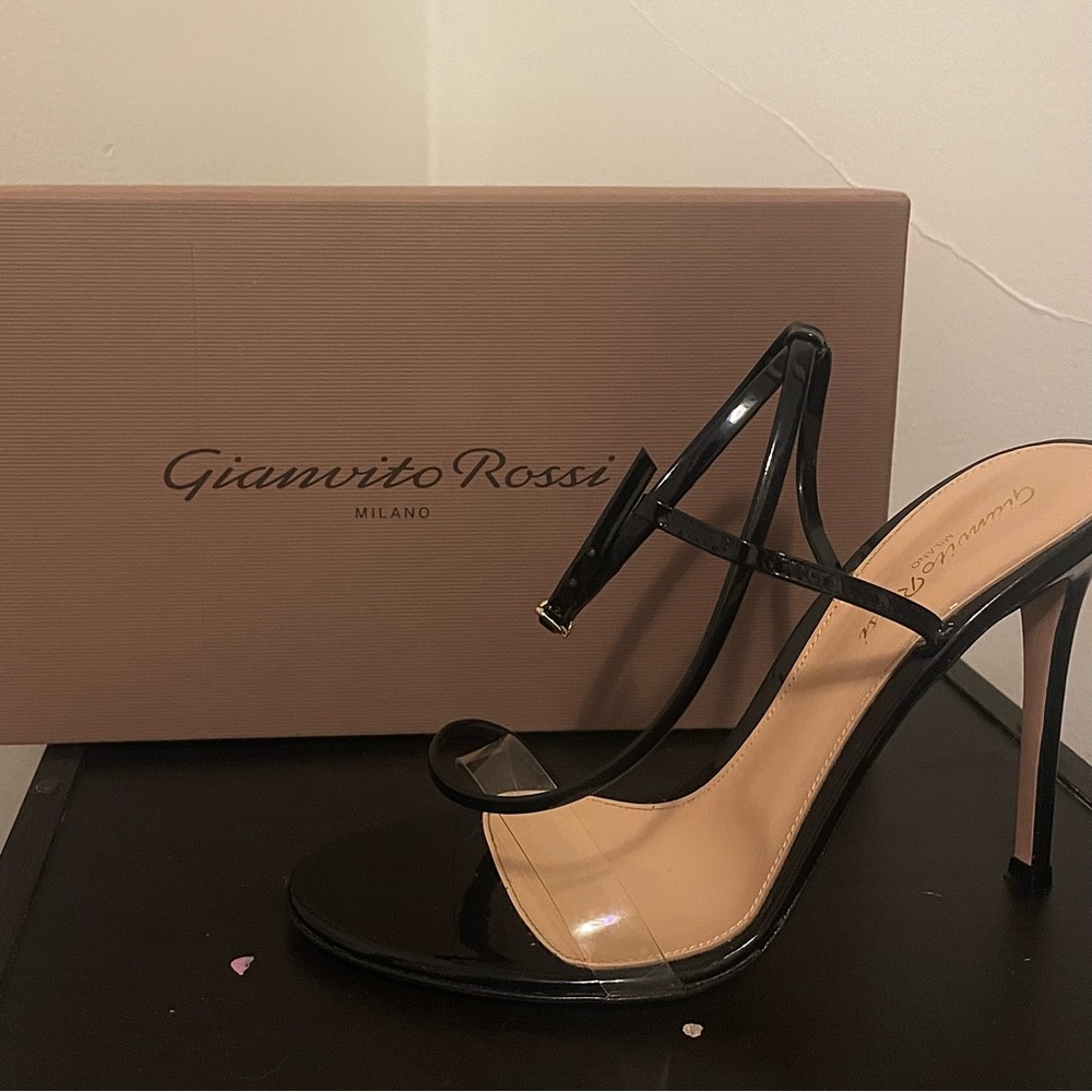 Gianvitto Rossi patent black clear-strap asymmetric sandals